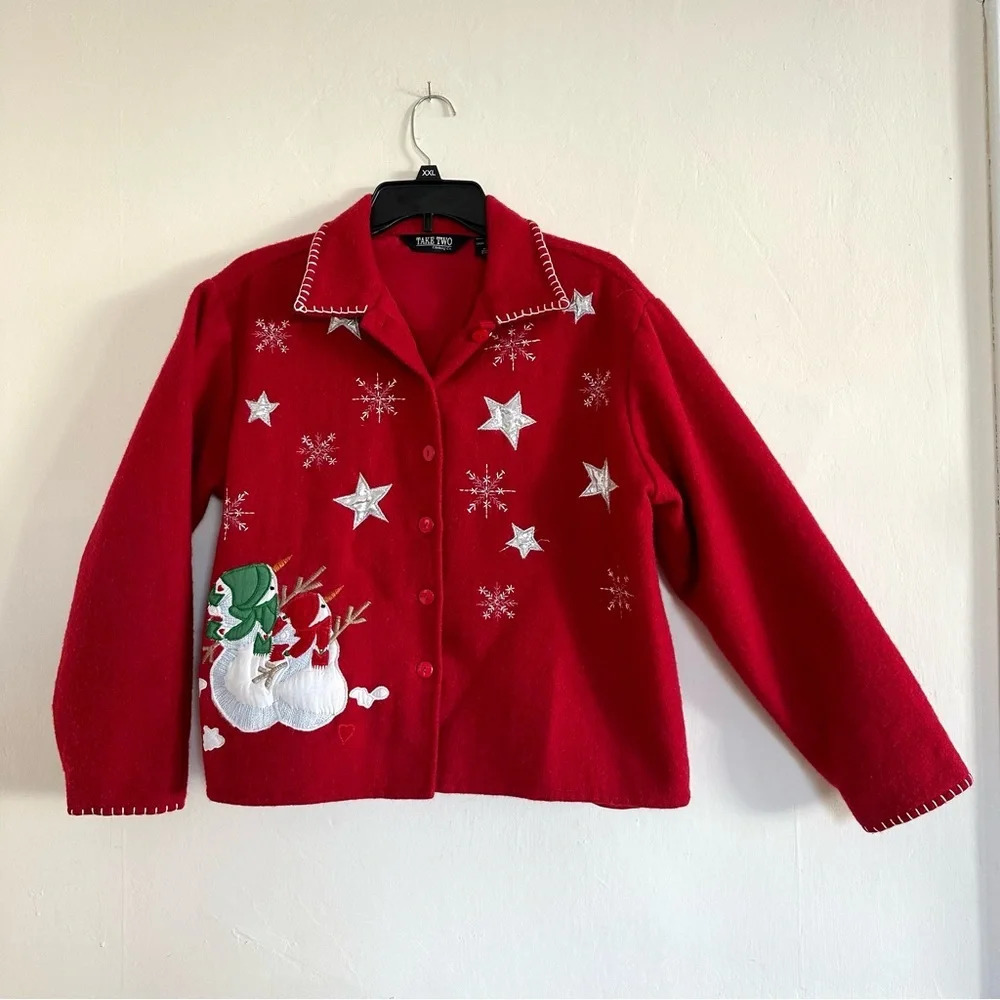 Vintage Take Two Christmas Wool Blend Sweater Coat Sz M Red Embroidered Snowman